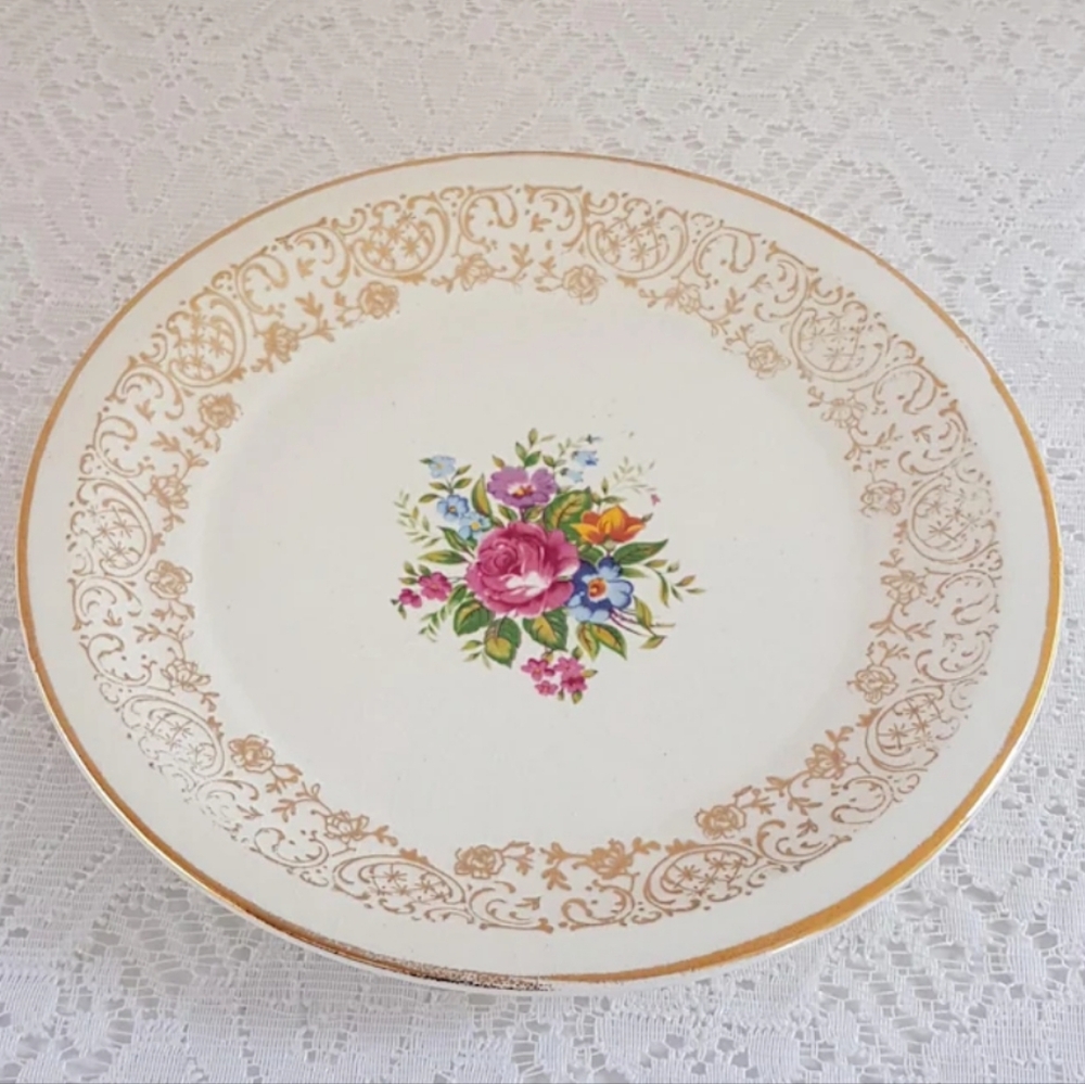 Georgian China Side Plates: Devon Rose Pink Floral, 22kt Gold, Set of 4 CRAZED